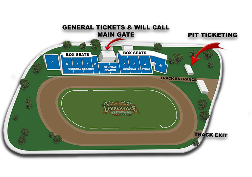 A map of Lernerville Speedway showing seating chrts, parking area, and different gate to enter the track.